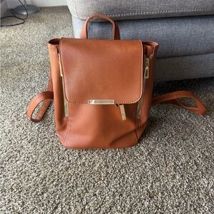 Adjustable Brown Small Backpack with Gold Metal